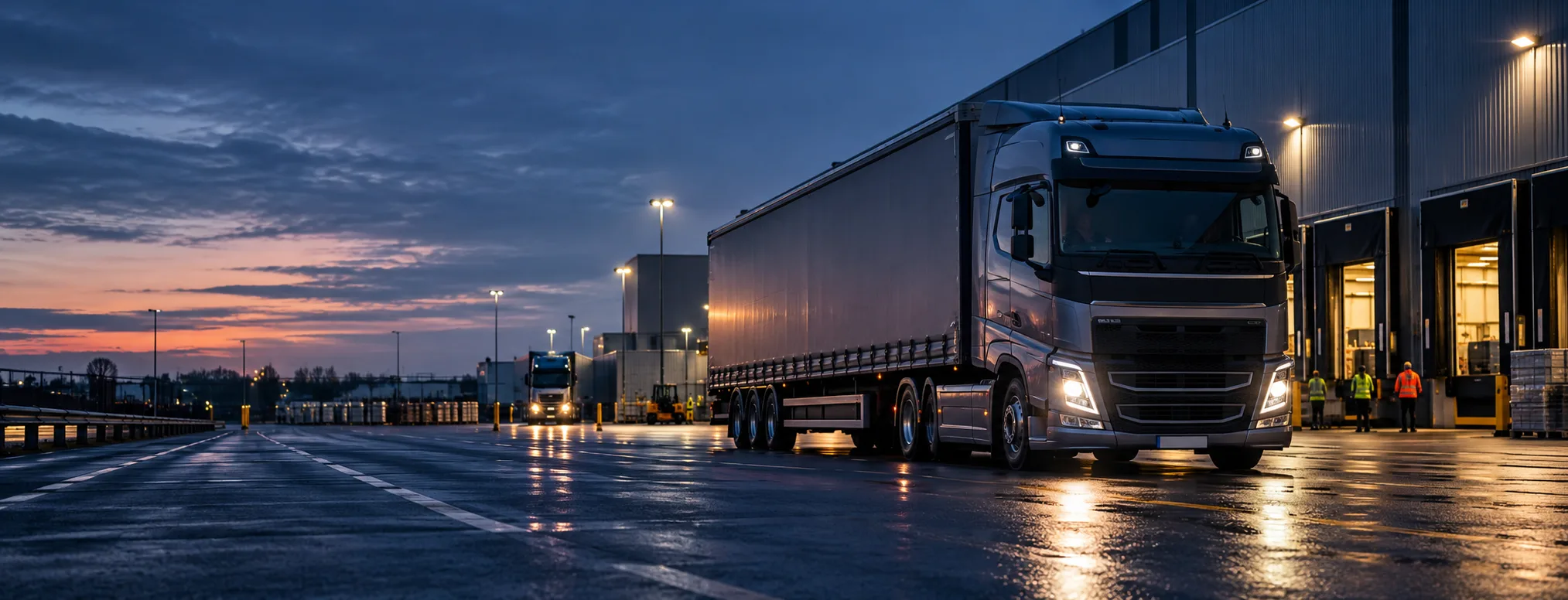 An HGV unit and curtain-sided trailer outside a distribution centre at dusk, with the loading bays lit behind it