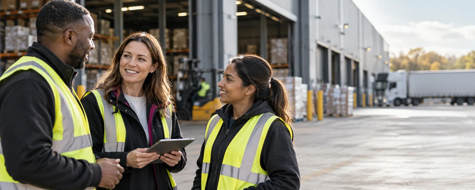 Recruitment consultant speaking with logistics professionals outside a warehouse